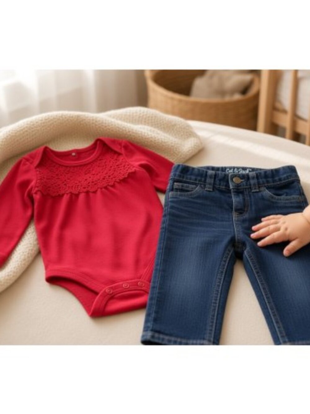 KOALA BABY Lace Trim Red Bodysuit CAT & JACK Stretch Skinny Jeans 12-18 months